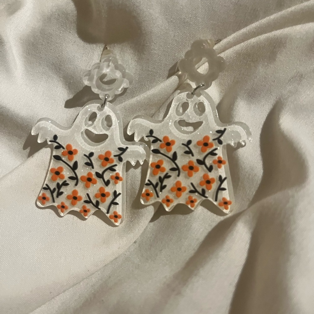 Ghost Earrings with Floral Design Glittery Dangle Halloween 👻